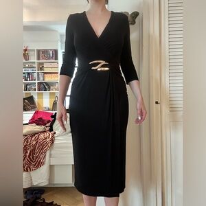 Joseph Ribkoff Black and Gold Sheath Dress with V-Neck size 6